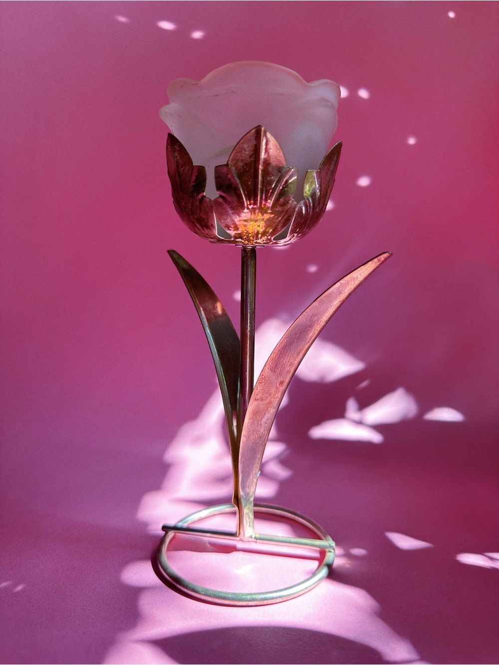 Decorative Rose Tealight Holder - Glass Flower Top & Silver Metal Stem Base